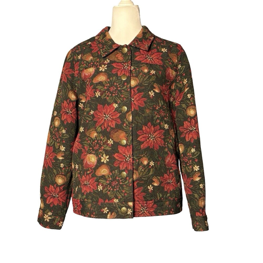 Vintage Tapestry Christmas Jacket Floral Holiday Print Size L EUC